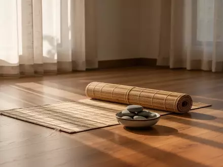 Ein minimalistischer, ruhiger Behandlungsraum mit hellem Holzfußboden, einer Bambusmatte und glatten Flusskieselsteinen. - Foto: über boerse-global.de