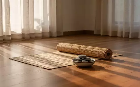 Ein minimalistischer, ruhiger Behandlungsraum mit hellem Holzfußboden, einer Bambusmatte und glatten Flusskieselsteinen. - Foto: über boerse-global.de