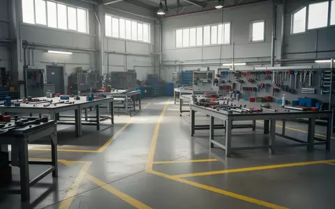Leere, aufgeräumte Industriehalle mit Sicherheitsmarkierungen auf dem Boden bei Tageslicht. - Foto: über boerse-global.de