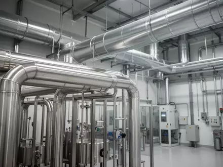 Industrielle Produktionsanlage mit Edelstahlrohren und Lüftungstechnik in einer sauberen Fertigungsumgebung. - Foto: über boerse-global.de