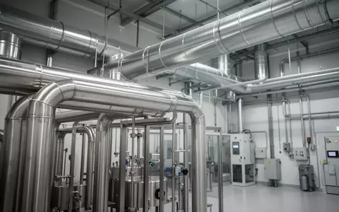Industrielle Produktionsanlage mit Edelstahlrohren und Lüftungstechnik in einer sauberen Fertigungsumgebung. - Foto: über boerse-global.de