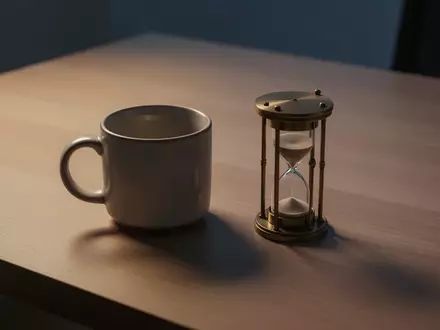 Eine leere Kaffeetasse und eine Sanduhr auf einem hölzernen Schreibtisch bei Dämmerungslicht. - Foto: über boerse-global.de