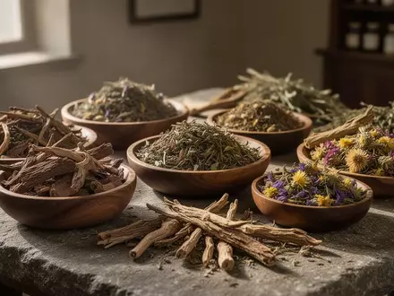 Getrocknete Heilkräuter und pflanzliche Rohstoffe in Holzschalen auf einem Steintisch in einer Apotheke. - Foto: über boerse-global.de