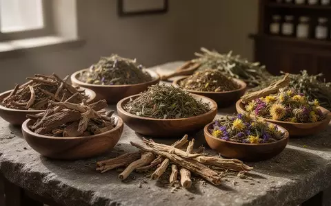 Getrocknete Heilkräuter und pflanzliche Rohstoffe in Holzschalen auf einem Steintisch in einer Apotheke. - Foto: über boerse-global.de