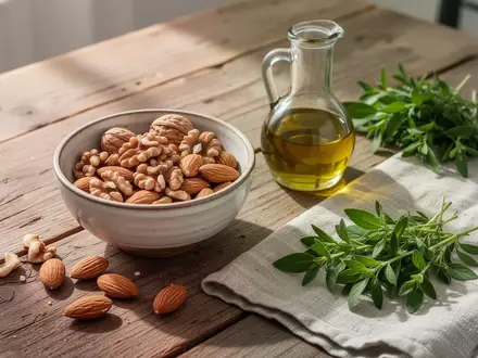 Frische, gesunde Lebensmittel wie Nüsse, Olivenöl und Kräuter auf einem rustikalen Holztisch bei natürlichem Tageslicht. - Foto: über boerse-global.de