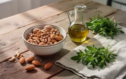 Frische, gesunde Lebensmittel wie Nüsse, Olivenöl und Kräuter auf einem rustikalen Holztisch bei natürlichem Tageslicht. - Foto: über boerse-global.de