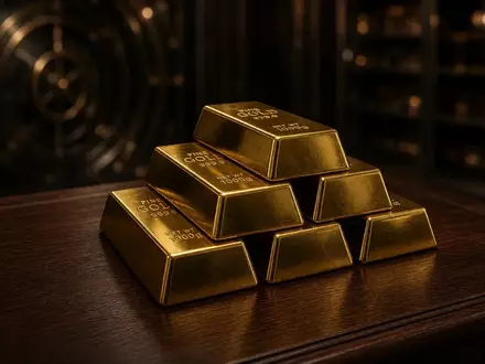 Goldbarren auf einem dunklen Holztisch in einem Tresorraum einer Bank. - Foto: über boerse-global.de