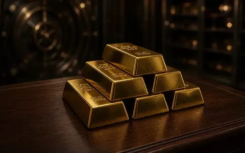 Goldbarren auf einem dunklen Holztisch in einem Tresorraum einer Bank. - Foto: über boerse-global.de