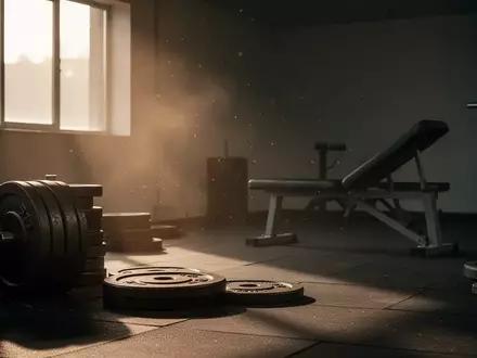 Leerer Hantelbereich in einem Fitnessstudio mit gestapelten Gewichtsscheiben im Morgenlicht. - Foto: über boerse-global.de