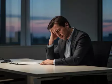 Ein erschöpfter Angestellter sitzt an einem modernen Schreibtisch in einem Büro bei Dämmerung. - Foto: über boerse-global.de