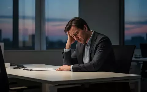 Ein erschöpfter Angestellter sitzt an einem modernen Schreibtisch in einem Büro bei Dämmerung. - Foto: über boerse-global.de