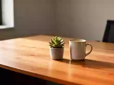 Ein minimalistischer, leerer Schreibtisch mit einer kleinen Sukkulente und einer Kaffeetasse in natürlichem Licht. - Foto: über boerse-global.de