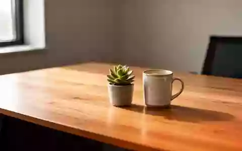 Ein minimalistischer, leerer Schreibtisch mit einer kleinen Sukkulente und einer Kaffeetasse in natürlichem Licht. - Foto: über boerse-global.de