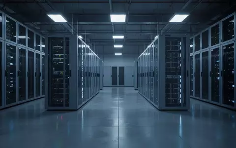 Ein moderner, unbesetzter Serverraum in kühlem, blauem Licht mit Fokus auf die Architektur und metallische Strukturen. - Foto: über boerse-global.de