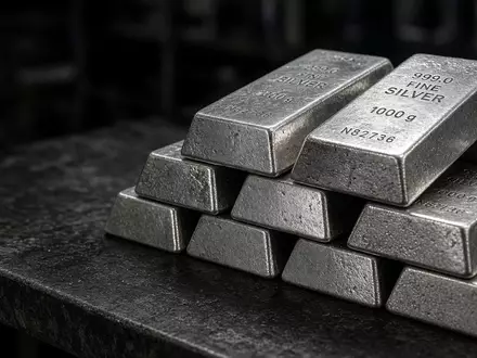 Ein Stapel roher Silberbarren auf einer dunklen Werkbank bei natürlichem Licht. - Foto: über boerse-global.de