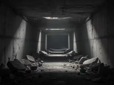 Ein dunkler, verwinkelter Tunnel mit Trümmern auf dem Boden und einfallendem Licht aus der Ferne. - Foto: über boerse-global.de