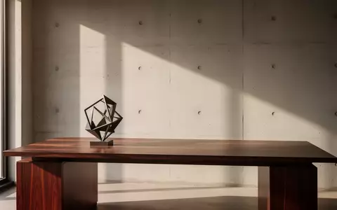 Ein minimalistischer Arbeitsplatz mit einem leeren Schreibtisch aus Mahagoniholz und einer abstrakten Skulptur. - Foto: über boerse-global.de