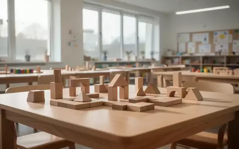 Geometrische Holzbausteine in einem hellen, modernen Klassenzimmer zur Veranschaulichung logischer Strukturen. - Foto: über boerse-global.de