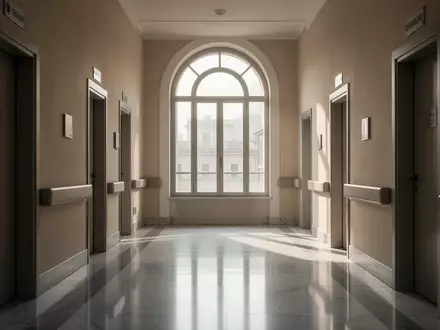 Ein leerer, sonnendurchfluteter Flur in einer modernen römischen Klinik mit Marmorboden und hohen Fenstern. - Foto: über boerse-global.de