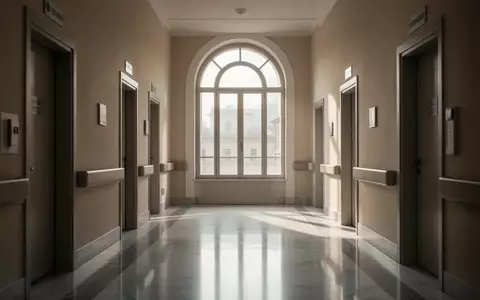 Ein leerer, sonnendurchfluteter Flur in einer modernen römischen Klinik mit Marmorboden und hohen Fenstern. - Foto: über boerse-global.de