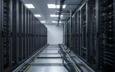 Ein moderner, unbeleuchteter Serverraum mit leeren Serverschränken und industrieller Verkabelung. - Foto: über boerse-global.de