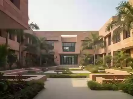 Moderner Innenhof einer Bildungseinrichtung mit Sandsteinarchitektur und Bepflanzung in Indien. - Foto: über boerse-global.de