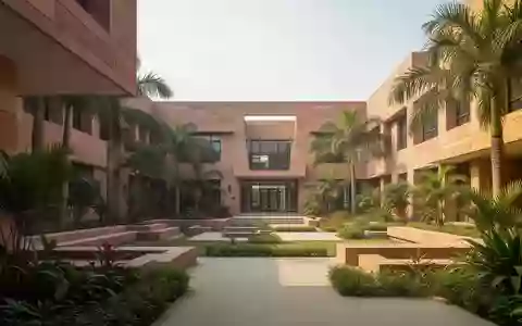 Moderner Innenhof einer Bildungseinrichtung mit Sandsteinarchitektur und Bepflanzung in Indien. - Foto: ĂŒber boerse-global.de