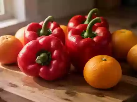 Frische rote Paprika und Zitrusfrüchte auf einer hölzernen Arbeitsfläche bei natürlichem Licht. - Foto: über boerse-global.de
