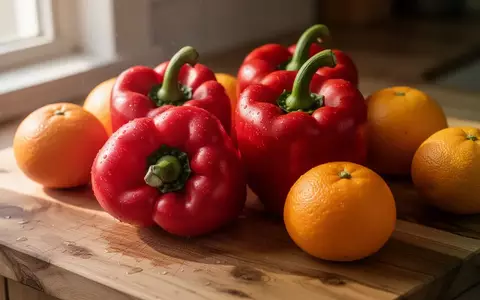 Frische rote Paprika und Zitrusfrüchte auf einer hölzernen Arbeitsfläche bei natürlichem Licht. - Foto: über boerse-global.de