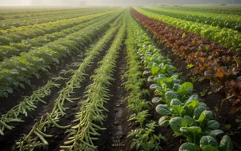 Ein weites Feld mit verschiedenen Gemüsepflanzen und Hülsenfrüchten bei sanftem Morgenlicht als Symbol für nachhaltige Landwirtschaft. - Foto: über boerse-global.de