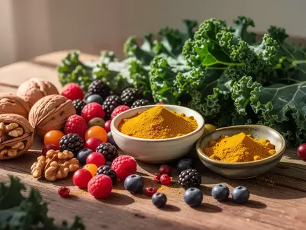 Frische pflanzliche Lebensmittel wie Nüsse, Beeren, Grünkohl und Kurkuma auf einer rustikalen Holzoberfläche. - Foto: über boerse-global.de
