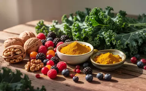 Frische pflanzliche Lebensmittel wie Nüsse, Beeren, Grünkohl und Kurkuma auf einer rustikalen Holzoberfläche. - Foto: über boerse-global.de