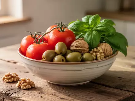 Ein hölzerner Tisch mit frischen mediterranen Zutaten wie Tomaten, Oliven, Walnüssen und Basilikum in natürlichem Licht. - Foto: über boerse-global.de