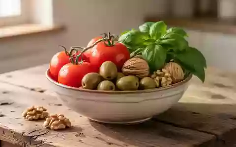 Ein hölzerner Tisch mit frischen mediterranen Zutaten wie Tomaten, Oliven, WalnĂŒssen und Basilikum in natĂŒrlichem Licht. - Foto: ĂŒber boerse-global.de