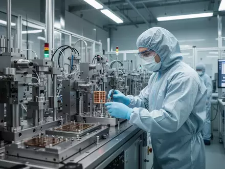 Ein Techniker in einem Reinraum überprüft moderne Inspektionsanlagen für eine Fabrik. - Foto: über boerse-global.de