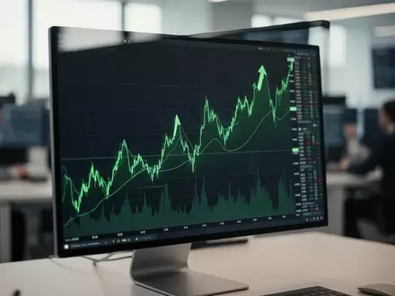 Ein moderner Monitor mit aufsteigenden Börsenkursen in einer professionellen Büroumgebung. - Foto: über boerse-global.de