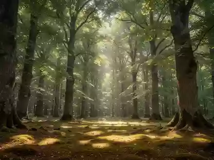 Ein friedlicher, sonnendurchfluteter Wald mit hohen Laubbäumen und weichem Moosboden. - Foto: über boerse-global.de