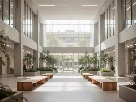 Heller, moderner Innenraum eines Universitätsgebäudes mit großen Fenstern, Holzbänken und Pflanzen bei natürlichem Tageslicht. - Foto: über boerse-global.de