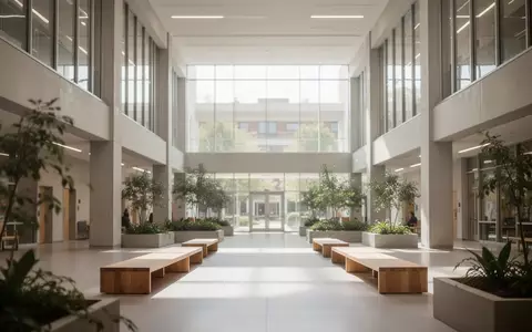 Heller, moderner Innenraum eines Universitätsgebäudes mit großen Fenstern, Holzbänken und Pflanzen bei natürlichem Tageslicht. - Foto: über boerse-global.de