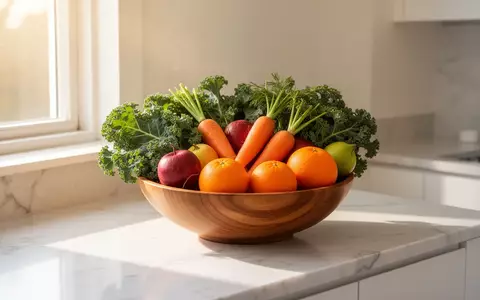 Eine Schüssel mit frischem Gemüse und Obst auf einer hellen Arbeitsplatte in einer sonnendurchfluteten Küche. - Foto: über boerse-global.de