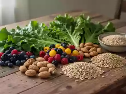 Frisches Gemüse, Beeren und Nüsse auf einem Holztisch als Symbol für eine nährstoffreiche und gesunde Ernährung. - Foto: über boerse-global.de
