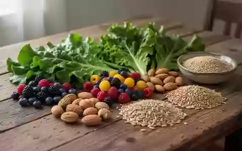 Frisches Gemüse, Beeren und Nüsse auf einem Holztisch als Symbol für eine nährstoffreiche und gesunde Ernährung. - Foto: über boerse-global.de