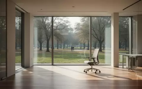 Ein heller, minimalistischer Büroraum mit einem leeren ergonomischen Stuhl vor einem großen Fenster mit Blick ins Grüne. - Foto: über boerse-global.de