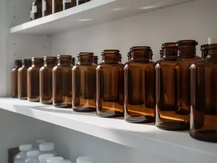Reihe leerer, brauner Apothekerflaschen auf einem schlichten weißen Regal in einem hellen, aufgeräumten Raum. - Foto: über boerse-global.de