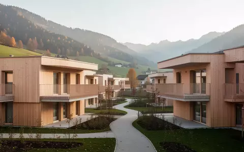 Moderne Wohnhausanlage in einer ländlichen Umgebung mit begrünten Außenanlagen und architektonisch schlichten Fassaden. - Foto: über boerse-global.de