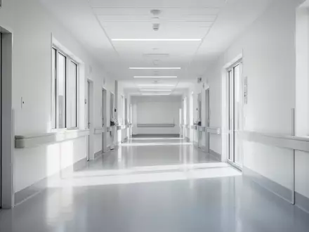 Ein heller, moderner Krankenhausflur mit glänzenden Böden und weißem Interieur ohne Personen. - Foto: über boerse-global.de