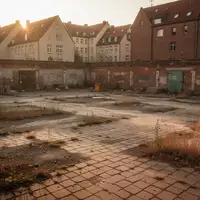 Ein leeres, unebenes Baugrundstück in einem städtischen Umfeld mit Backsteinmauern im Hintergrund bei warmem Licht. - Foto: über boerse-global.de