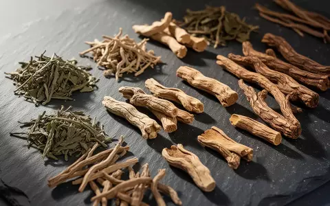 Traditionelle chinesische Heilkräuter und getrocknete Wurzeln auf einer dunklen Steinoberfläche. - Foto: über boerse-global.de