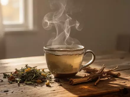 Eine dampfende Tasse Kräutertee auf einem Holztisch in herbstlichem Sonnenlicht. - Foto: über boerse-global.de