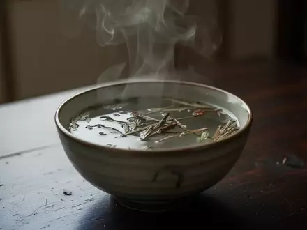 Eine dampfende Schale mit warmem Kräuterwasser auf einem dunklen Holztisch in einer herbstlichen Atmosphäre. - Foto: über boerse-global.de